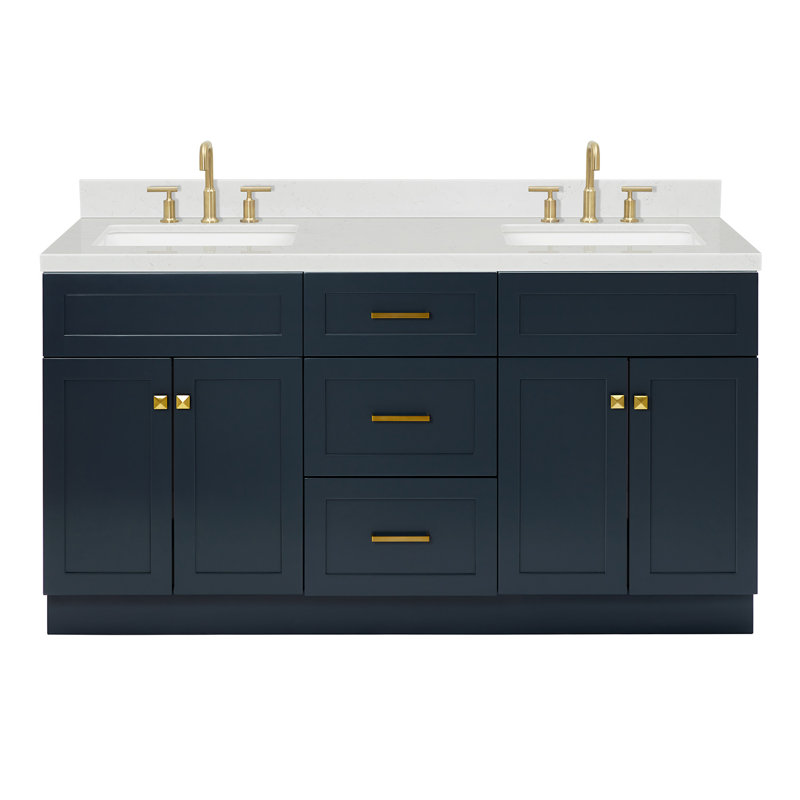 Meuble-lavabo double autoportant 66 po avec plateau en quartz Abell, Rectangular, Noir