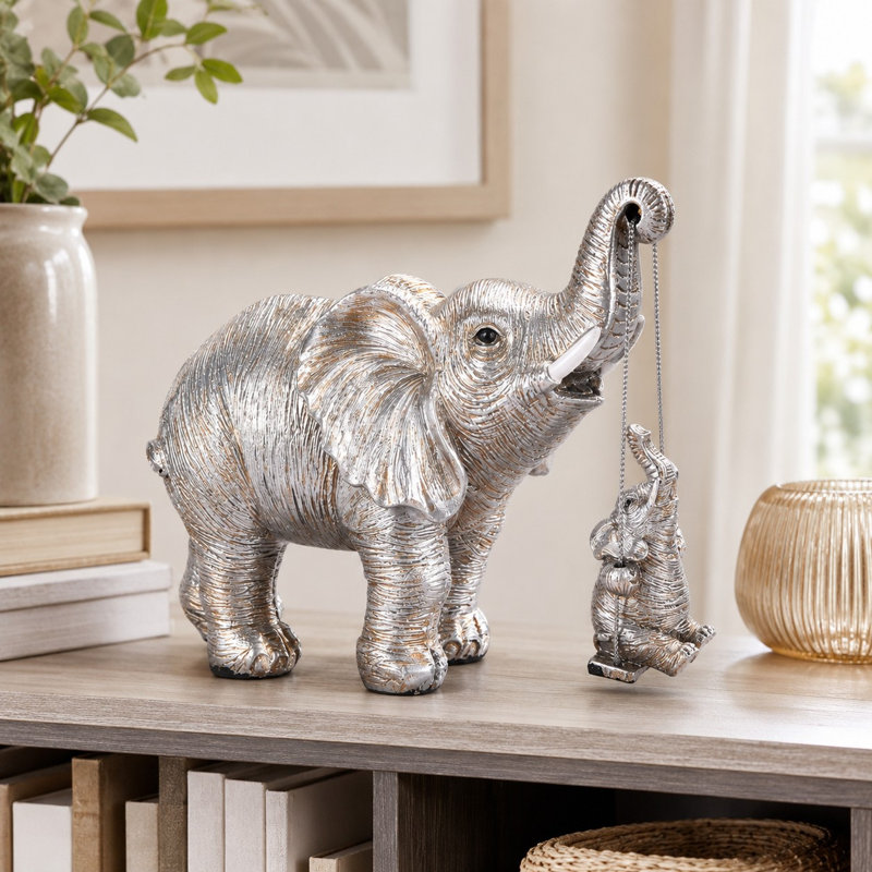 Golden Elephant Sculpture Figurine Handcrafted Home Decor, Silver