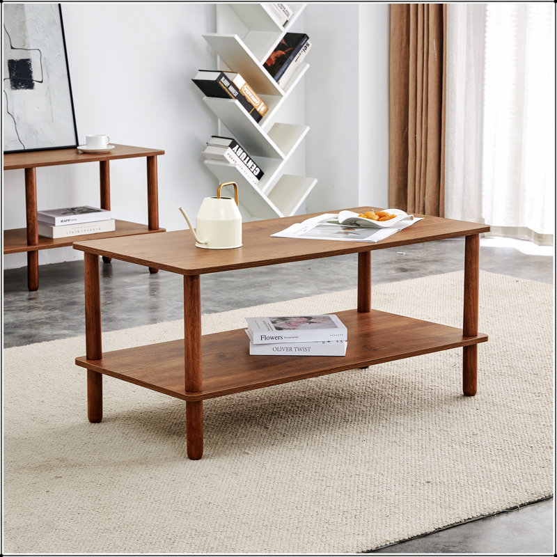 Table basse moderne à 2 niveaux pour le salon, table centrale rectangulaire avec tablette de rangement ouverte, pieds arrondis en bois d'hévéa, stable et durable, assemblage facile