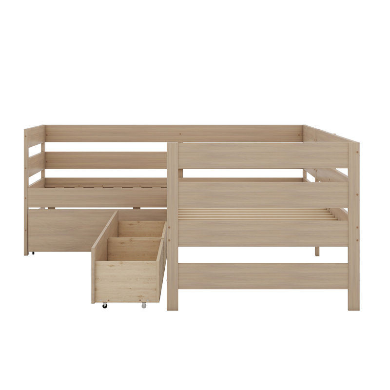 Lit plateforme en L avec trois tiroirs de rangement, Naturel