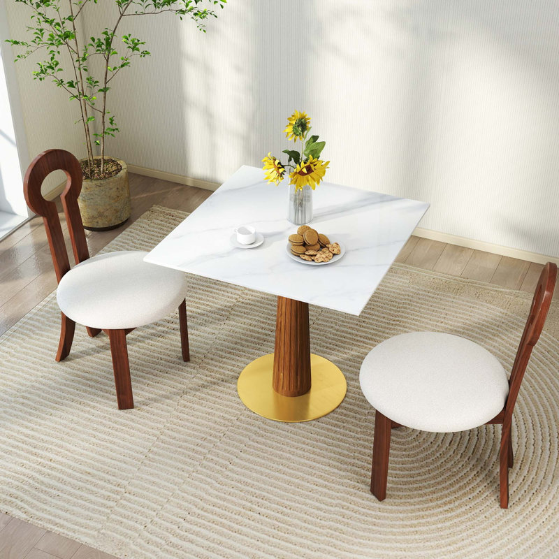 Table de salle à manger carrée en bois massif 33,5 po, Blanc / beige