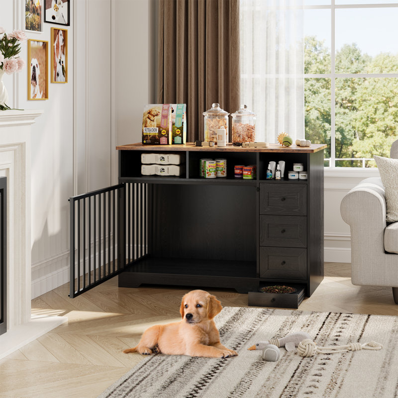 Meuble de rangement moderne pour chien avec rangement, 3 tiroirs et bol caché, table d'appoint en bois pour chenil pour petits chiens de taille moyenne, 48 po, noir