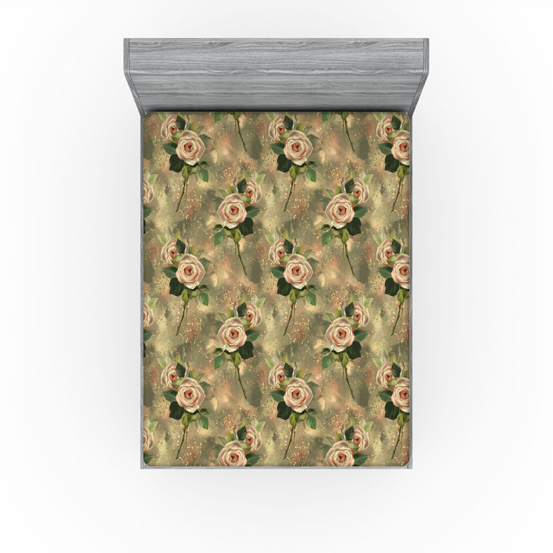 Drap-housse rustique Ambesonne, Kaki, rosé, vert / floral, Full Fitted Sheet