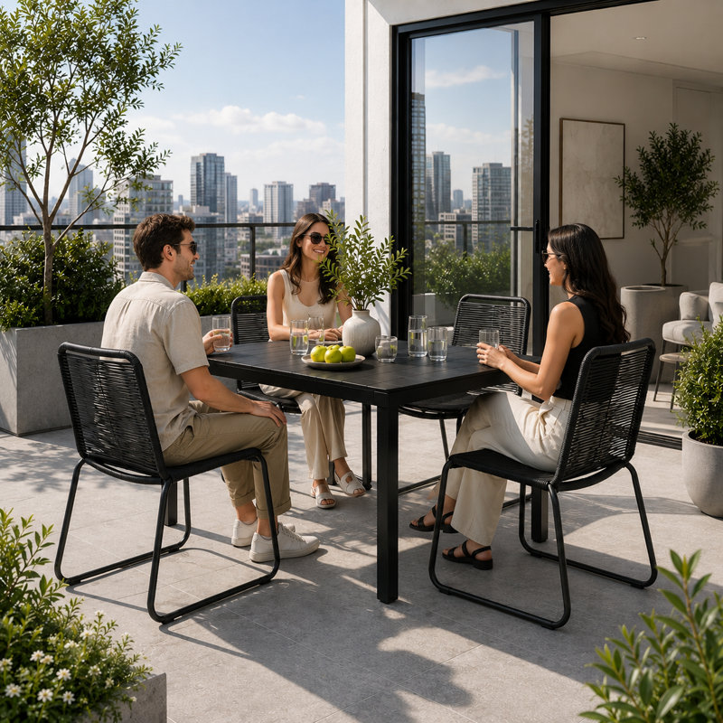 Ensemble de 4 chaises d'extérieur Neil - Chaises de patio empilables avec tissage en corde - Mobilier en métal résistant à la rouille, sans assemblage
