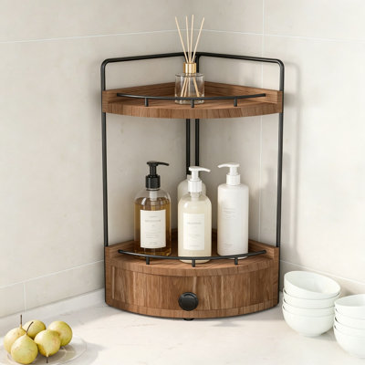 2-Tier Corner Bathroom Organizer With Drawer, Wooden Vanity Shelf For Makeup And Skincare Storage, Space-Saving Countertop Shelf With Stabilizing Screw Holes