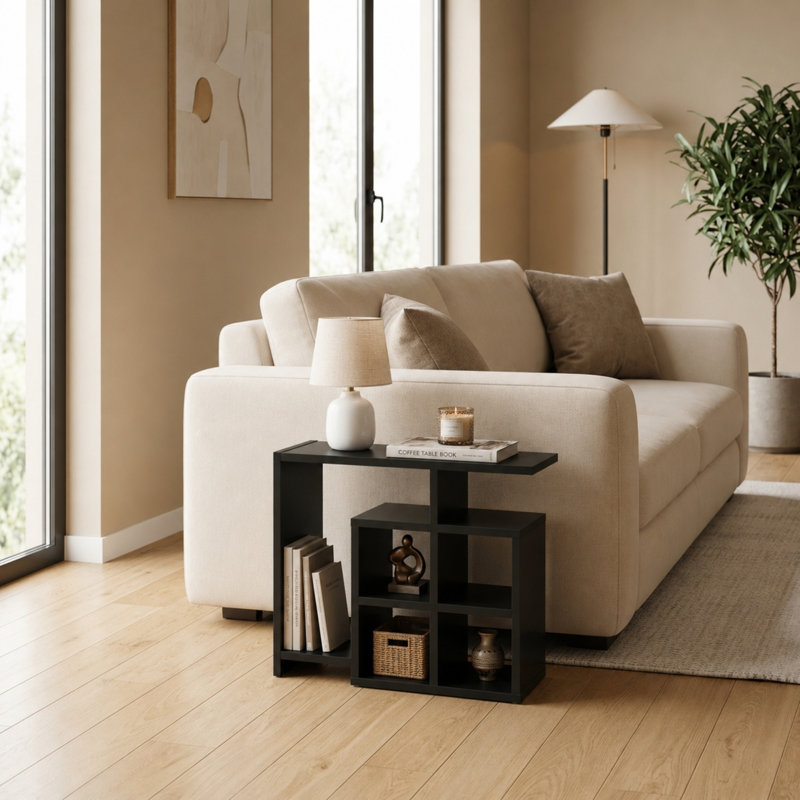 Table de bout moderne avec étagère de rangement à cubes ouverts, petite table d'appoint et présentoir de bibliothèque, Noir