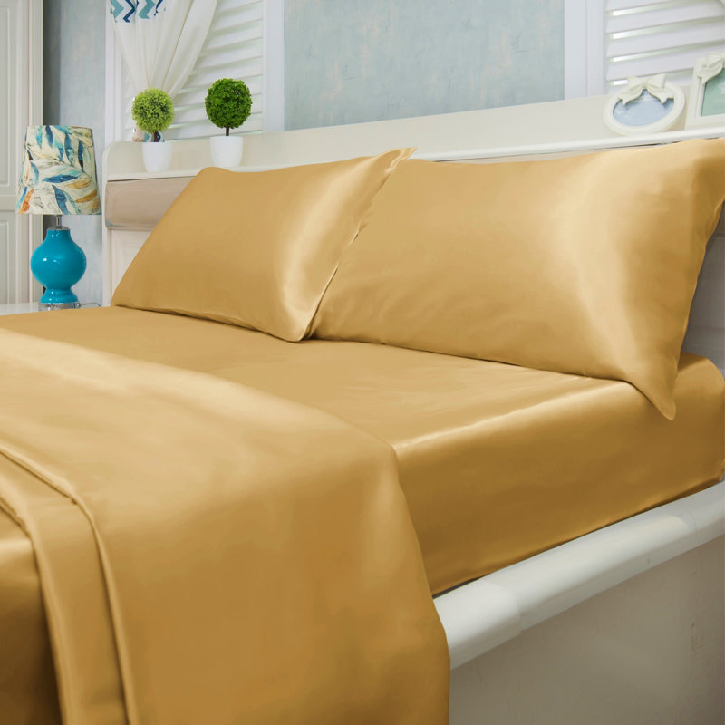  Ensemble de draps en satin 4 pièces Luxury & Soft, Ensemble de draps pour très grand lit avec 2 taie, Or