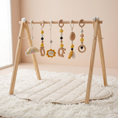 Salle de jeu en bois pour bébé avec 6 jouets suspendus amovibles, salle de jeu pliable en pin pour enfants