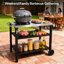 Chariot de barbecue extérieur à 3 niveaux avec surface en acier inoxydable, roues de table de préparation barbecue, barre de service roulante pour patio et cour arrière, support de four à pizza en noir, construction, grand rangement, stable