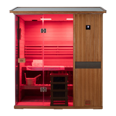 Samsora Outdoor Traditional Steam Sauna For 4-Person 3800W, Mid-Infrared Lamp, 95℉-230℉, Mahogany Wood, Built-In Bluetooth Speaker, Includes Sauna Heater and Sauna Stone, Negative Ion Board