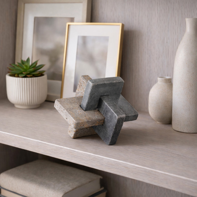 Modern Marble Travertine Knot Sculpture for Home Decor - Decorative Object Figurine for Shelf Accent or Living Room Decoration - Gray & Brown