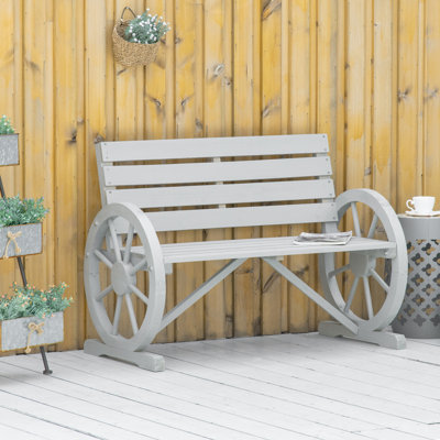 Banc de jardin rustique gris - Roue de chariot en bois de 41 po, résistance aux intempéries, 2 sièges, roue extérieure en bois de sapin massif avec intempéries