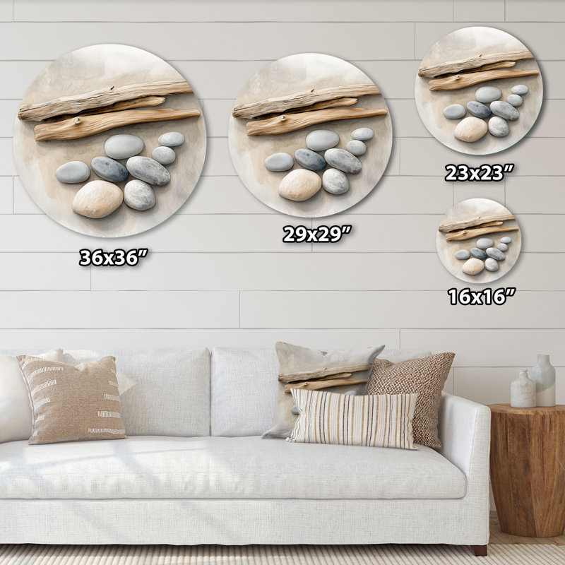 Costal bois flotté et galets de pierre - art mural rond en métal Coastal Large, L 36 po x H 36 po