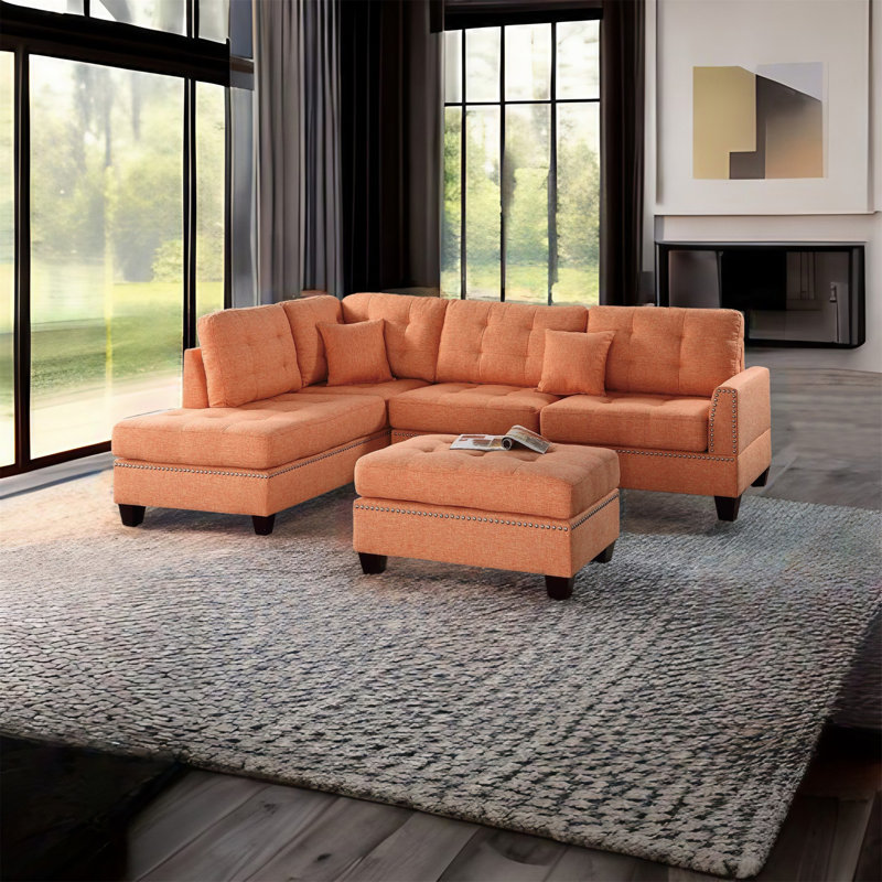 Tramisha Upholstered L-Shaped Sectional Reversible, Orange Linen Blend