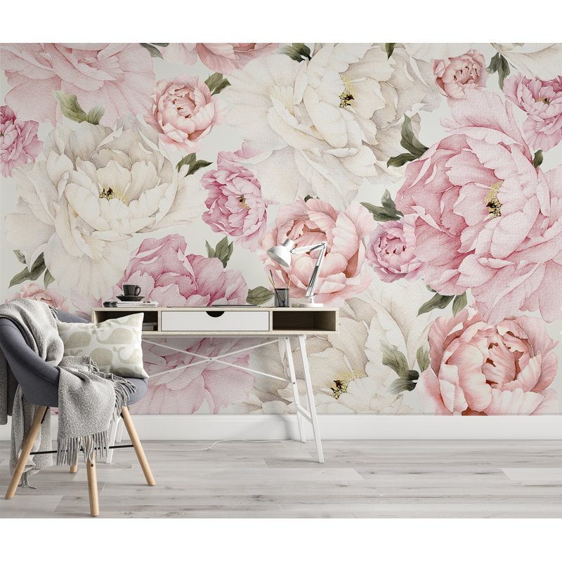 Papier peint amovible floral avec pivoines roses et blanches, L 9 po x l 15 po