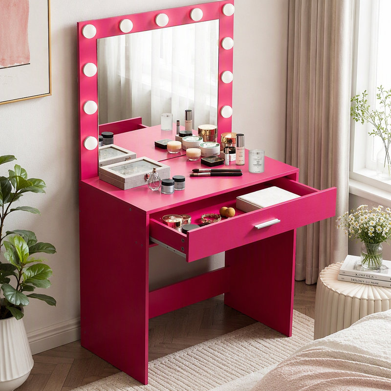 Bureau de coiffeuse avec miroir et lumières, coiffeuse avec grand tiroir, commode de rangement à 1 niveau et 3 modes d'éclairage à luminosité réglable, convient à la chambre à coucher