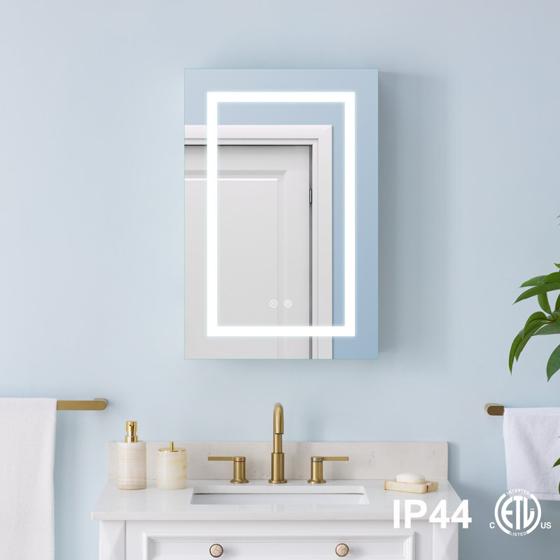 Armoire de salle de bain à DEL encastrée ou en surface avec tablettes en verre réglables, H 30 po x l 20 po x P 4,63 po, Oui