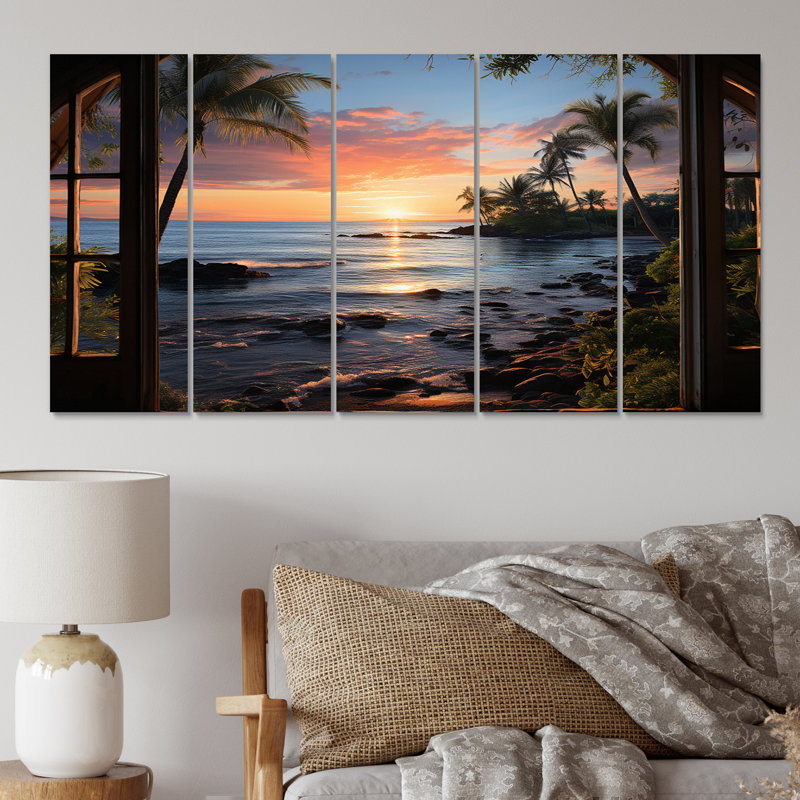 Vue tropicale de l'océan par la fenêtre ouverte III - reproduction sur toile côtière - 5 panneaux égaux