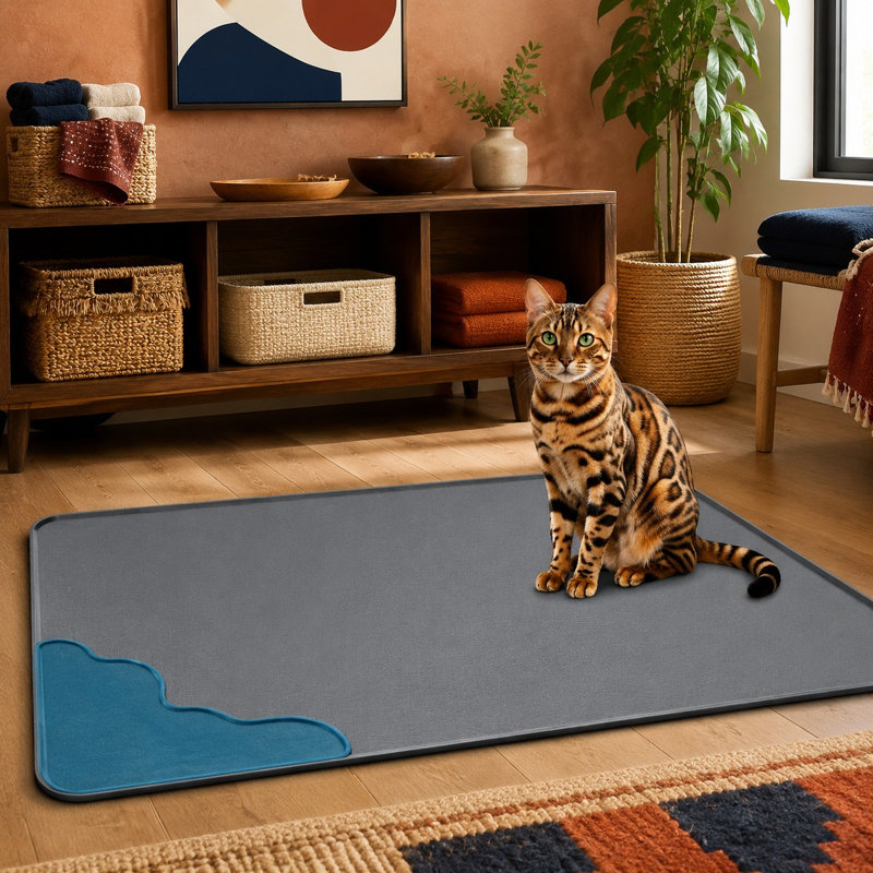 XL premium silicone litter box mat with waterproof protection and 0.63 in high raised edges; the non-slip, easy-clean floor protector is soft on paws and designed for scatter control.