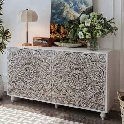 Buffet Boho Mandala 3D en relief, crédence de ferme à 4 portes avec portes à pousser, armoire de rangement réglable avec pieds en bois tourné pour le salon de l'entrée de la salle à manger