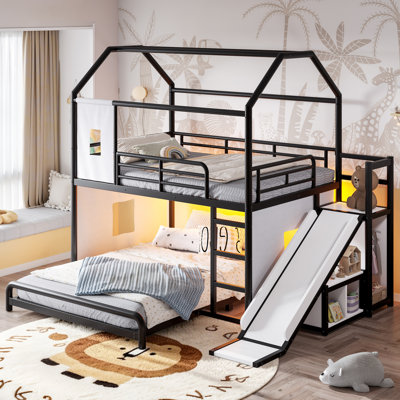 Lit superposé cabane en métal avec glissade et échelle, lit superposé en forme de maison avec lumière DEL, rideau, armoire de rangement et tringle, noir