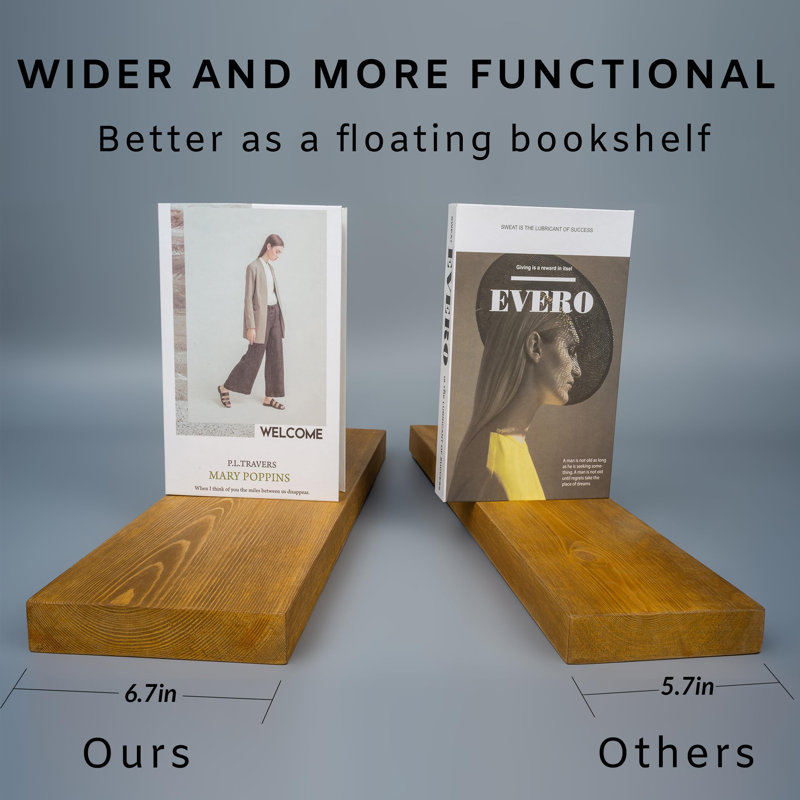 Solid Wood Floating Shelves，Rustic Wooden Wall Shelves, Yellow Brown, 1.25" H x 30" W x 6.7" D