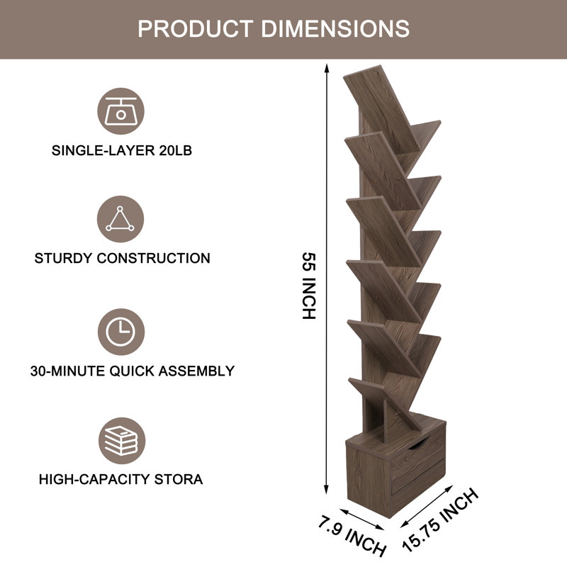 Modern 6-tier Tree-shaped Wood Bookcase With Drawer, Freestanding Open Shelf Storage Unit
