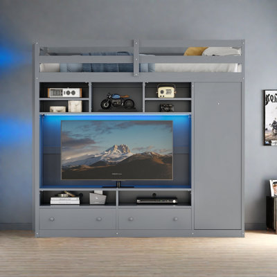 Lit mezzanine double avec tiroirs et tablettes