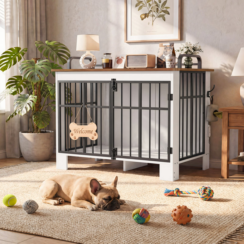 Metal Pet Crate with 2 Doors, White+Walnut