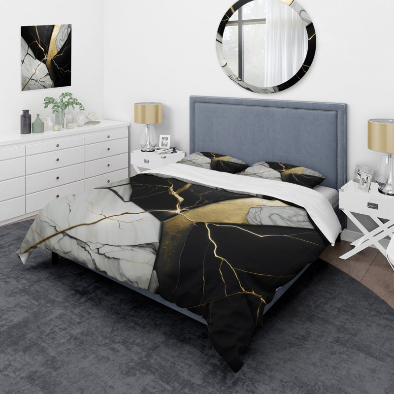 Abstract Geode Black IV - Ensemble de housse de couette moderne - Microfibre de polyester