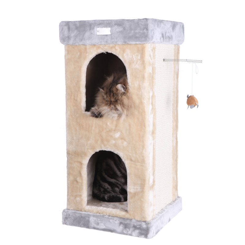 Beige Faux Fur and Sisal Freestanding Cat Tree with Double Condo