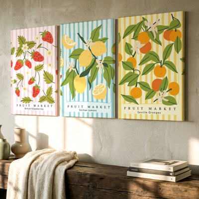 3 pièces, marché aux fruits éclatant, art mural avec fraises, trois pièces d'art mural pour le salon, la chambre à coucher, le bureau et la maison, prêt à accrocher