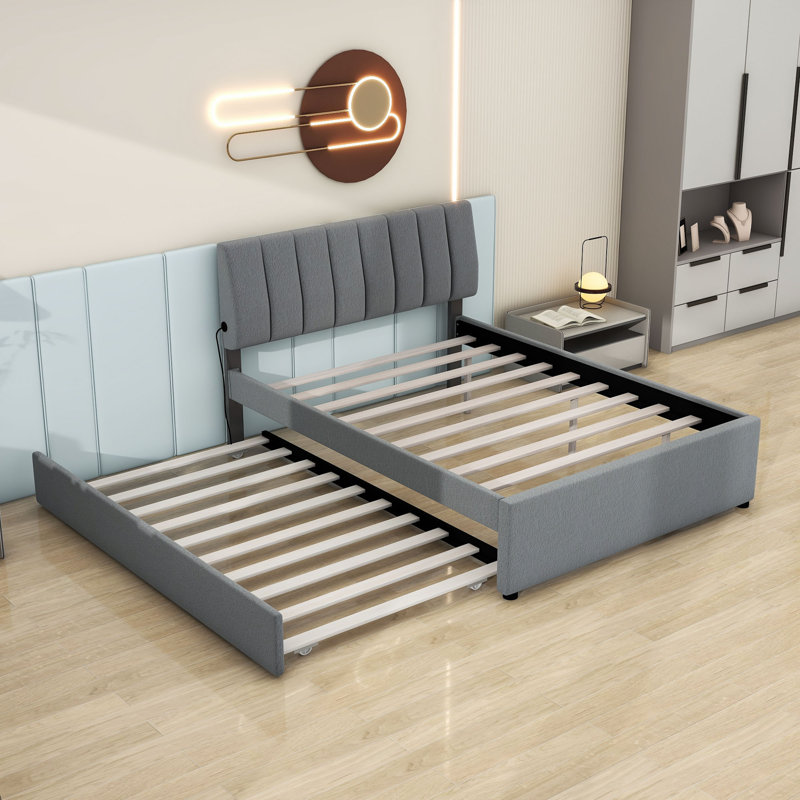 Lit plateforme tapissier en bois avec lit gigogne et tête de lit, gris, Complète