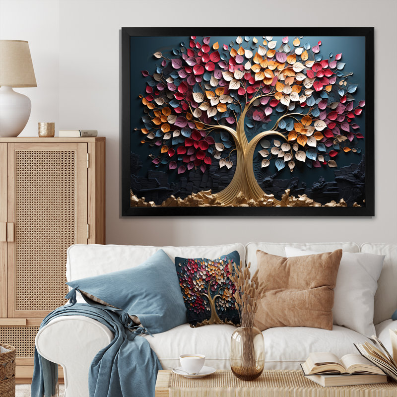 Arbre doré rose et bleu sur fond bleu - Art mural arbre, H 24 po x l 32 po x P 1 po, Cadre d'angle fermé noir