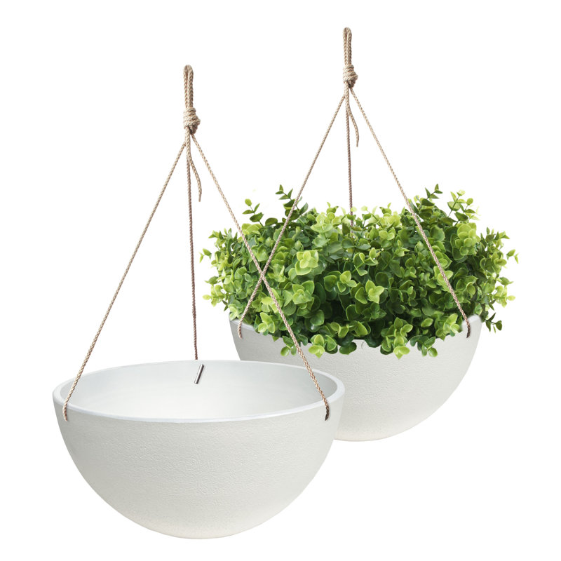 Ensemble de 2 pots à fleurs suspendus Algreen Algra (composite avec crochets en macramé, intérieur / extérieur), Blanc