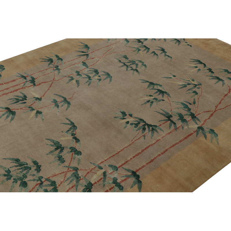 Rug & Kilim’S Chinese Style Art Deco Rug In Beige With Green And Blue Florals, Rectangle 13' x 19'