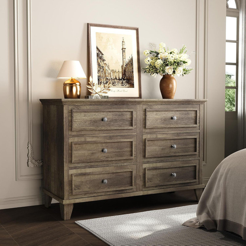 Farmhouse 6-Drawer Dresser – Wide Wood Chest with Vintage Handles for Bedroom, Living Room, Hallway, Gray