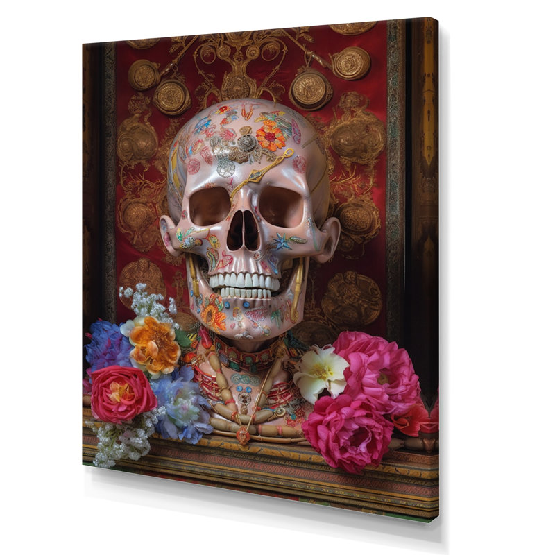 Tête de mort souriante, champignons orange, impression d'Halloween, Toile tendue, 20" H x 12" W