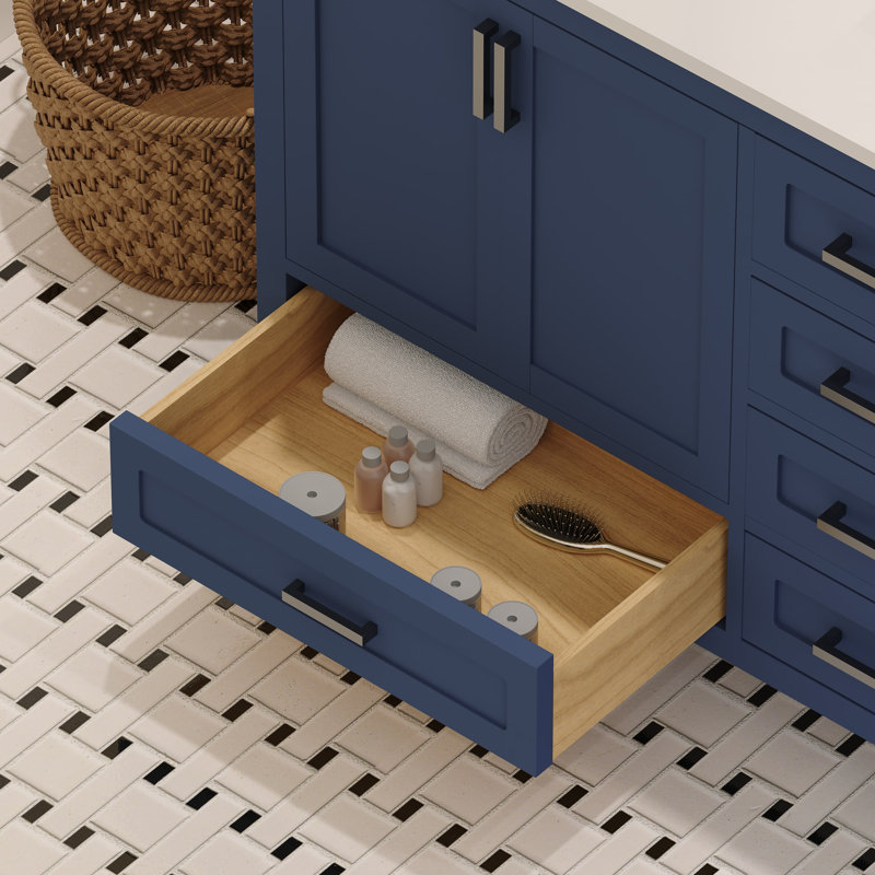 Rooh 60'' Double Bathroom Vanity with White Quartz Top, Navy Blue