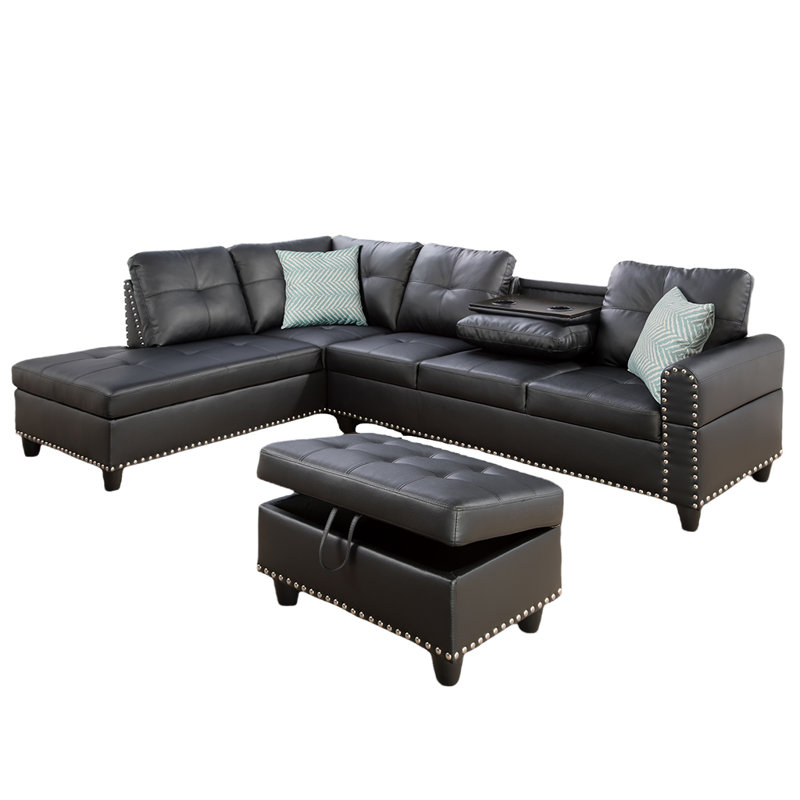 Scherer Faux Leather L-Shaped Sectional Left Hand Facing, Black Faux Leather
