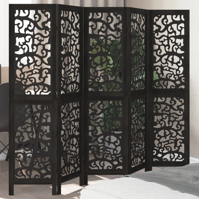 Folding Room Divider, 5, 220cm H x 180cm W x 1.6cm D, Black