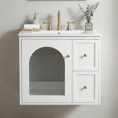 24" Wall-Mounted Bathroom Vanity With Ceramic Sink, 2 Drawers & Soft-Close Glass Door Cabinet, Space-Saving Modern Vanity Set