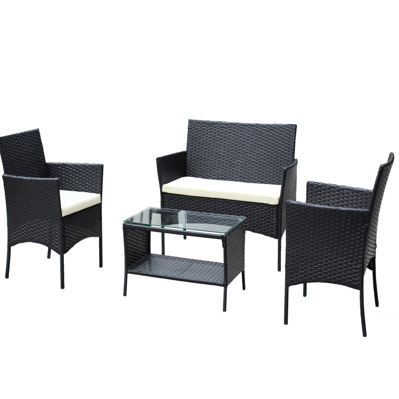 Mobilier de patio extérieur 4 pièces - beige avec coussins, inclus, fauteuils, table à thé avec verre trempé, coussins, plateau de table en verre, avant-gardiste