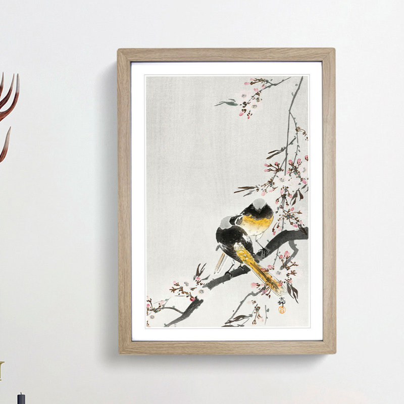 Two Sable Red Tails and Cherry Blossom by Ohara Koson - Picture Frame Painting Print, Oak Framed, 36cm H x 27cm W x 2cm D
