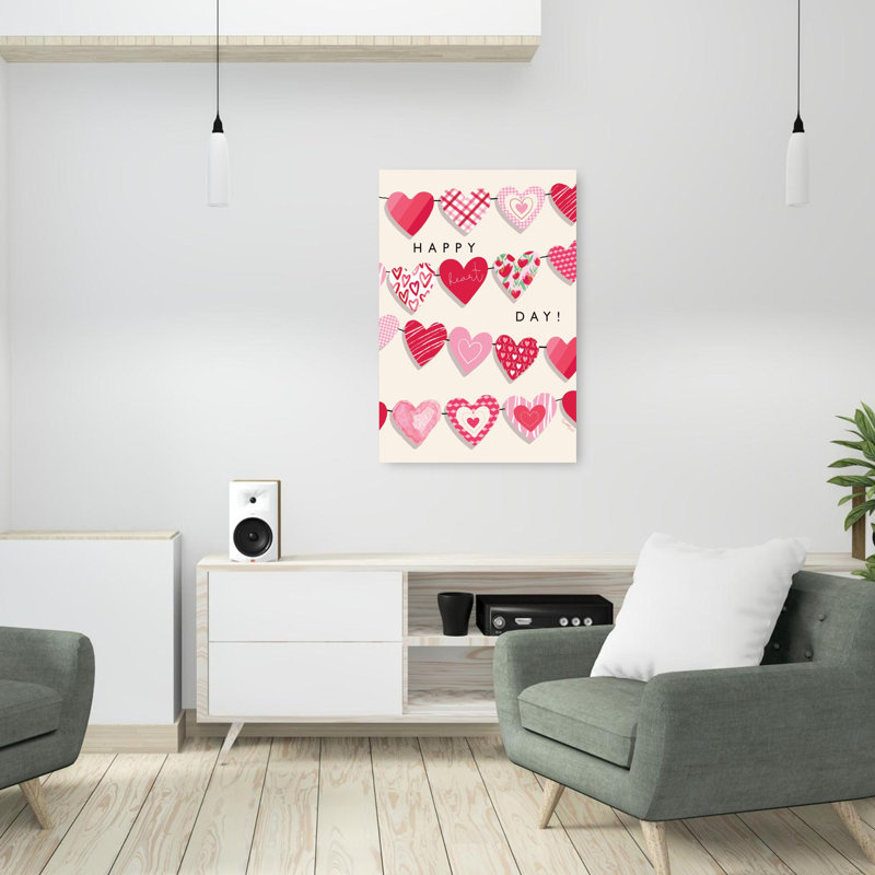 «Happy Heart Day», art mural abstrait romantique fantaisiste, 36" H x 24" W