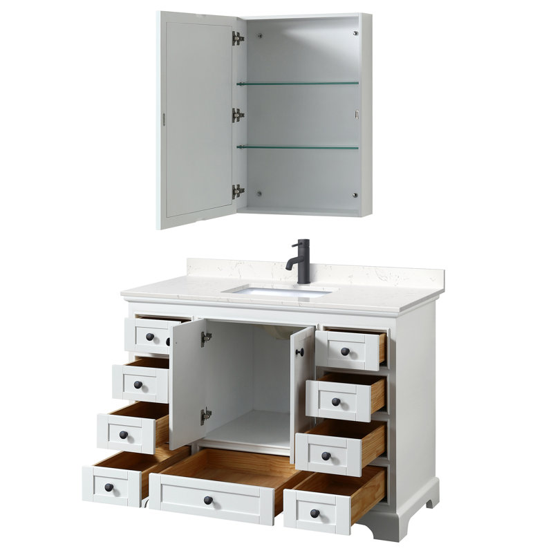 Ensemble de meuble-lavabo simple 48 "avec miroir Deborah, Marbre de culture de Carrare, Noir mat, Blanc