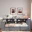 Lit plateforme en bois avec tablettes de rangement, lit gigogne, station de charge, bureau à DEL, bureau et tête de lit tapissier-2065795478
