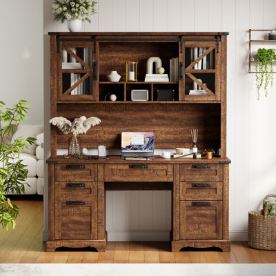 Hirth 60"W Farmhouse Desk With Hutch, Wood Executive Desk With Sliding Barn Doors, 2 Storage Cabinet