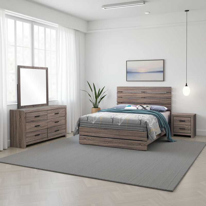 Ensemble de chambre à coucher 4 pièces Sili, Brun chêne, bronze foncé, Grand lit
