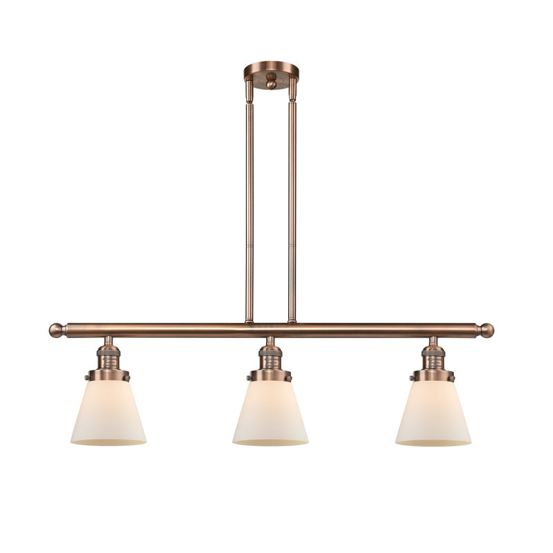Cone 3 Light Stem Hung Island Light, Matte White Cased, 36" H x 36" W x 5" D, Antique Copper